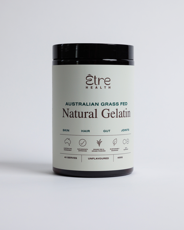 Container of Etre Health Australian Grass Fed Natural Gelatin on a light gray background